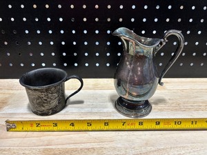 lot 15 image: International Silver Plated Creamer Pitcher and Colonial Quadruple Plate Cup