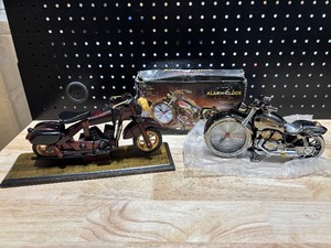 lot 47 image: Motorcycle Alarm Clock and Vintage Handmade Mixed Wood Motorcycle
