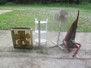 lot 102 image: Wood shelf, box fan, Kirby Classic ...