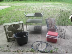 lot 105 image: CD storage tower, vintage box fan a...
