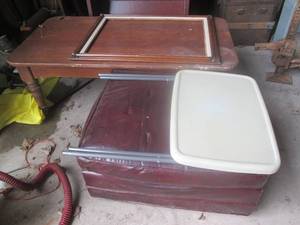lot 123 image: Padded ottoman, vintage wood coffee...