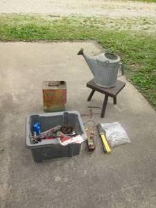 lot 188 image: Wood stool, metal watering can, imp...