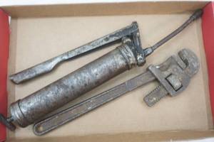 lot 223 image: Vintage Grease Gun & Pipe Wrench