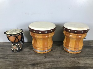 lot 224 image: 2 Wooden Bongo Hand Drums and 1 Mini Flower Pattern Djembe