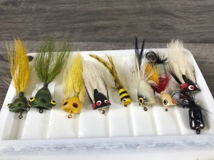 lot 336 image: Lot of 10 Vintage Small Hand Made Fishing Lures in a Orvis Water Proof Fly Fishing Tackle Box