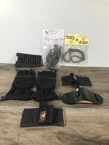 lot 364 image: Ammo Belt - Pair of Flip Gloves - Compound Bow Cover - Tote A Bird for Hauling Your Game Birds - Beavers Bros. Leather Belt Holster - 2 Moose Brand Brauer Bros.Belt Holster