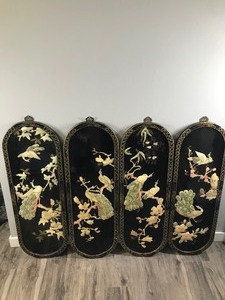 lot 379 image: Vintage Mid Century Oriental Ivory Mother of Pearl Peacock 4 Panels Black Wooden Oval Shape 36 Tall