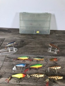 lot 383 image: Lot of 11 Fishing Lures and a Plano Plastic Tackle Box