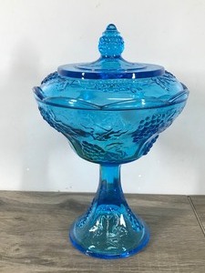 lot 412 image: Vintage Indiana Glass Harvest Grape Blue Carnival Glass Compote or Candy Dish with a lid