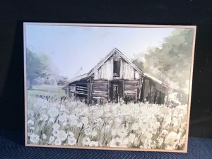 lot 448 image: Wall Hanging Framed Picture on Canvas - Old Cabin  Farmhouse on the Edge of a Field