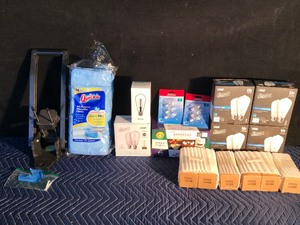 lot 442 image: Can Crusher (Mounted One) Bag of All Purpose Microfiber Cloths, Lot of Light Bulbs New in the Boxes