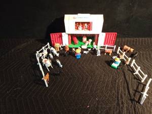 lot 437 image: Vintage Fisher Price barn with accessories including a wooden person