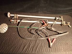 lot 140 image: 2 wood Clamps, jumper cables, and ice scoop