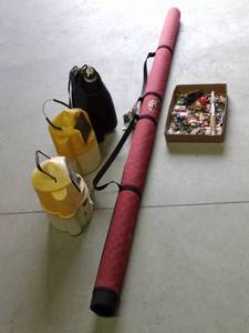 lot 120 image: Fishing rod case, 2 minnow buckets, water can, tackle, bugs and more