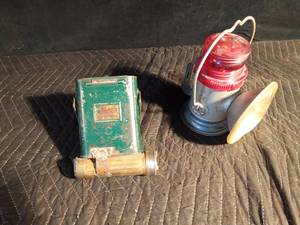 lot 114 image: vintage railroad lantern and vintage head lamp