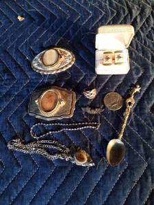 lot 153 image: Mens jewelry and more - 2 Belt buckles, 50 cent piece, sterling silver pieces, vintage Masems cuff links, ring and bracelet