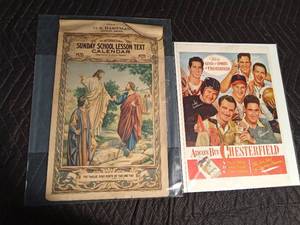 lot 95 image: Chesterfield advertising poster and a 1928 Aitkin, MN Sunday School lesson calendar