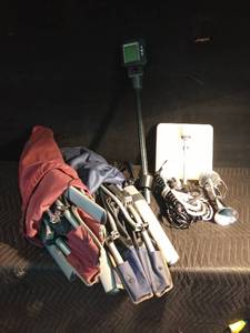 lot 145 image: Boat light, boat horn, fish finder, ski rope, boat ceiling light and 2 folding lawn chairs