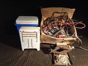 lot 146 image: box wire, scissor jack, fish house propane stove, Coleman cooler and more