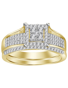 Promise of Love 10K Yellow Gold 1/3 ct tw Diamond Pave 3-Row Square Halo Bridal Set - Size 7