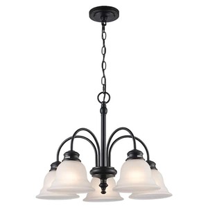 lot 30 image: Bel Air Lighting 5-Light Black Down-Light Chandelier Light Fixture with Frosted Glass Bell Shaped Shades