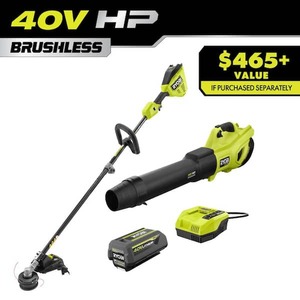 lot 109 image: RYOBI 40V HP Brushless 650 CFM 160 MPH Cordless Leaf Blower and Carbon Fiber String Trimmer with 2Ah Battery and Charger