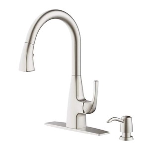 lot 144 image: Glacier Bay Calandine Single-Handle Pull-Down Sprayer Kitchen Faucet with soap dispenser in Spot Resist Stainless