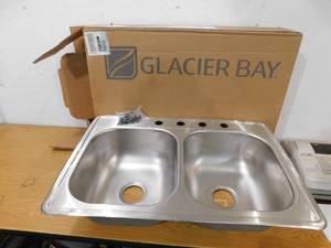 lot 6 image: Glacier Bay 33 in. Drop-In 5050 Double Bowl 20 Gauge Stainless Steel Kitchen Sink