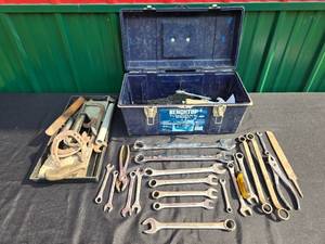 lot 22 image: Collection of Hand Tools with Toolbox, Wrenches, Horseshoes, and More