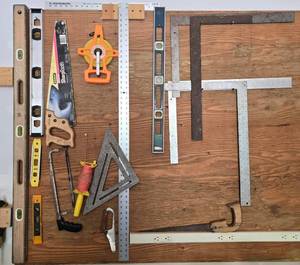 lot 64 image: Set of Various Hand Tools with Tape Measures and Saw
