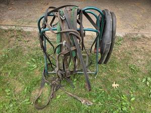 lot 120 image: Vintage Horse Collar and Harness Set with Stand
