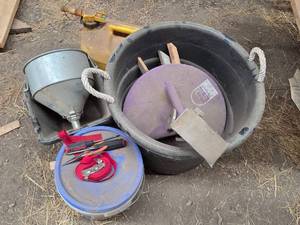 lot 133 image: Construction Tool Set with Buckets, Funnels, Oil Can, and Gate Valve