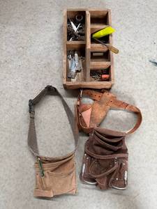 lot 138 image: Set of Carpenters Leather Tool Pouches and Wooden Box with Hardware