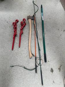 lot 140 image: Collection of Farm Tools and Equipment including Chains, Axe, and Stakes