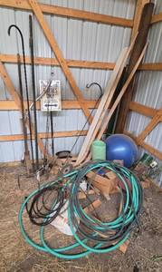 lot 149 image: Collection of Garage and Garden Tools with Hose and Exercise Ball
