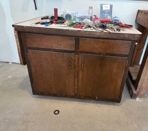 lot 157 image: Sturdy Wooden Workshop Cabinet with Two Drawers and Shelving
