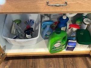 lot 184 image: Household Cleaning Supplies Bundle with Dish Rack - content quantities unverified