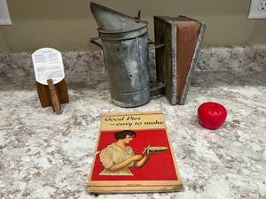 lot 189 image: Vintage Baking Set Good Pies Recipe Book and Old Metal Flour Sifter