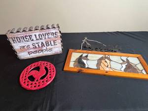 lot 194 image: Decor Set Stained Glass Horse Panel, Red Rooster Trivet, and Horse Lovers Sign
