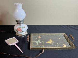 lot 195 image: Vintage Hand Mirror, Glass Serving Tray & Floral Table Lamp
