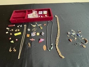 lot 203 image: Assorted Pins and Small Jewelry Items Inc Hair Clip, Costume Gold Tone Necklace & More