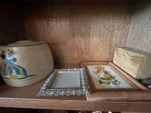 lot 209 image: Vintage Collection Ceramic Jar, Ornate Photo Frame, Embroidered Art, Wood Block