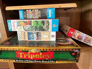 lot 210 image: Collection of Board Games and Cribbage Board (missing pegs)