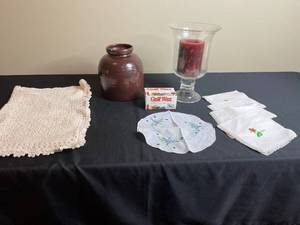 lot 215 image: Assortment of Vintage Linens with Jar, Candle, and Gulf Wax