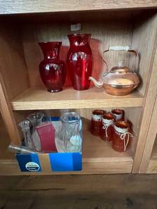 lot 221 image: VTG Red Vases, Decorative Glassware and Copper Teapot Stamped Portugal
