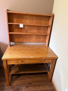 lot 231 image: Vintage Wooden Desk with Hutch and Storage Shelf