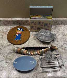 lot 245 image: Eclectic Collection Greeting Cards, Ceramic Dishes, Belt with Metal Accents