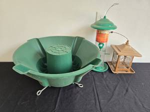 lot 283 image: Garden Bird Feeder Set Bath, Feeder, Lantern-Style House