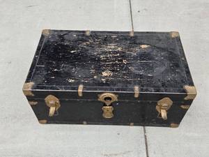 lot 294 image: Vintage Black Wooden Trunk with Floral Interior