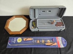 lot 324 image: Hexagonal Wooden Frame Mirror, Jaccard Pig Tail Food Flipper, and Small Dremel Set